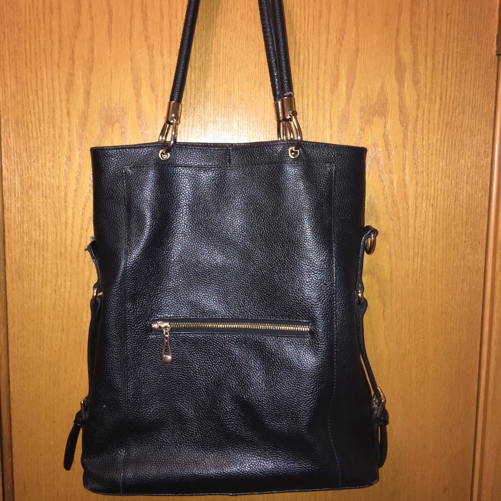 Black Leather Tote Bag with Gold Hardware